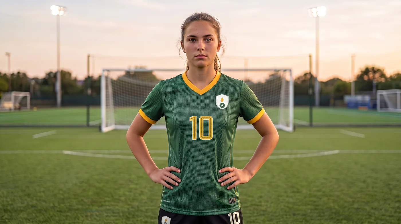 A girls' soccer player in Campo to Campus kit standing on the pitch at dusk