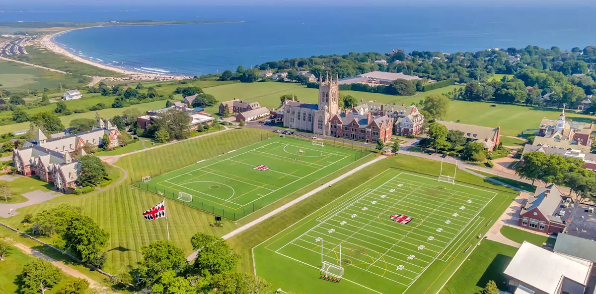 Aerial view of St. George's School campus and athletic fields overlooking the Rhode Island coastline